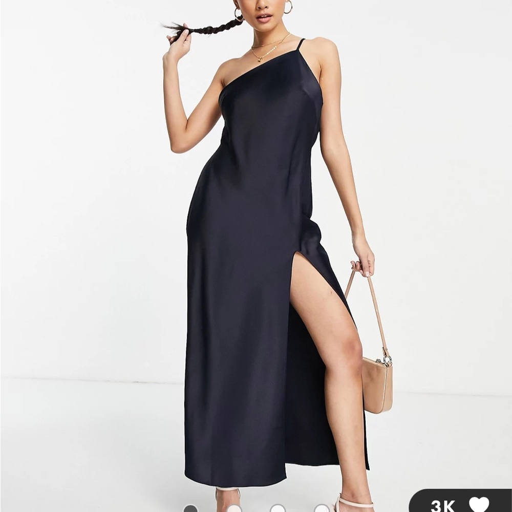 ASOS DESIGN one shoulder midaxi dress in satin with drape back in navy sz 14